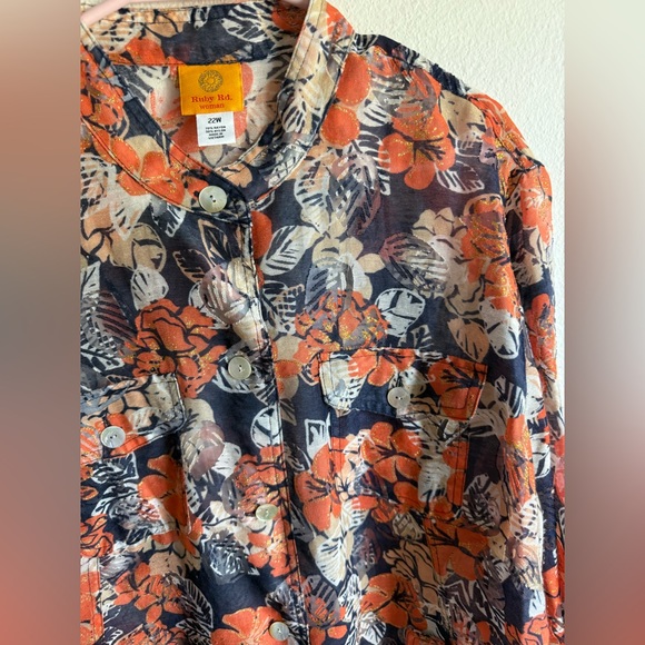 Ruby Rd Floral Sheer Button-Down Blouse - Picture 4 of 9